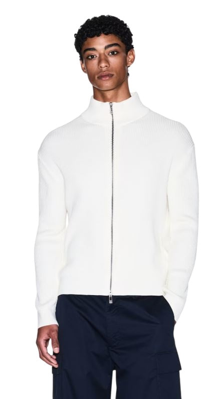 Ribbed Knit Cardigan With High Neck