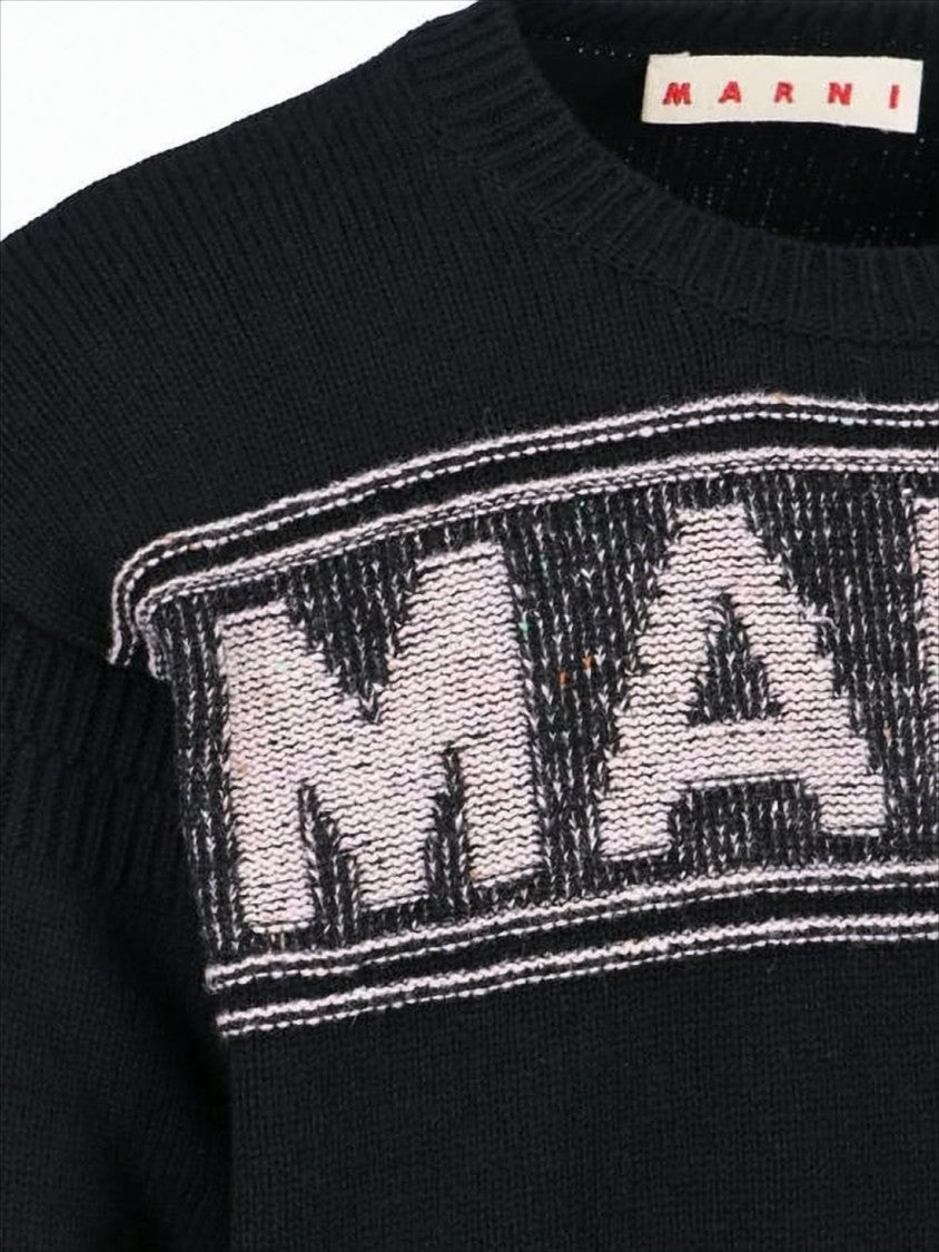 Textured Logo Black Wool Sweater with Cropped Fit