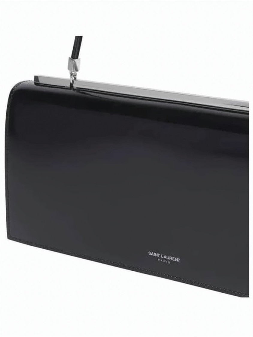 Sleek Rectangular Shoulder Bag in Glossy Calf Leather