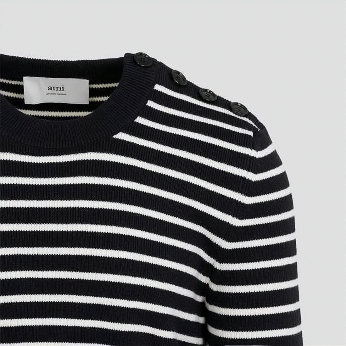 Horizontal Stripe Knit Sweater With Shoulder Button Detail