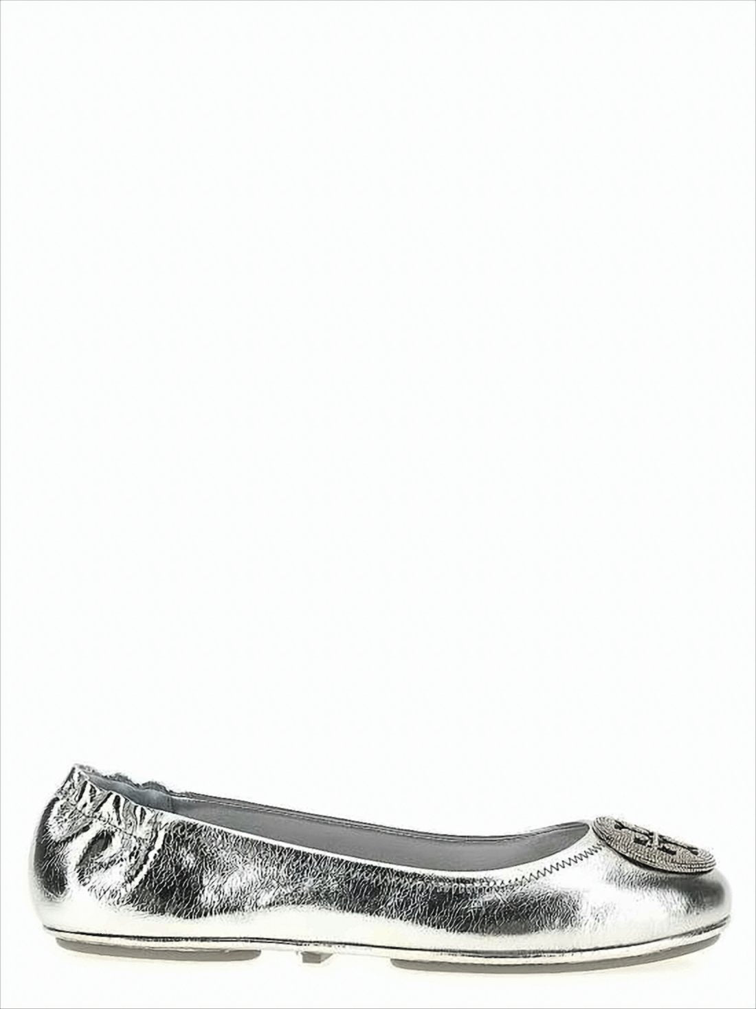Metallic Leather Flat Shoes with Textured Emblem
