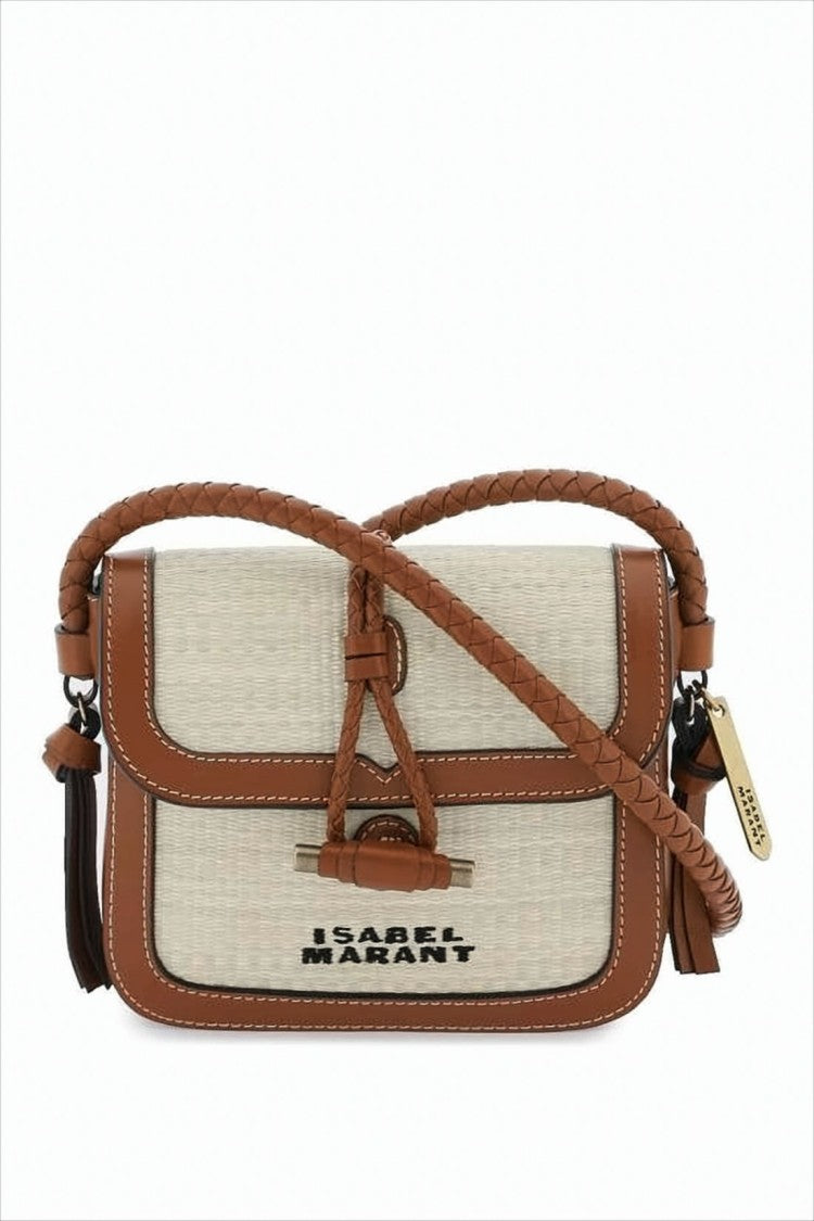 Woven Beige Fabric and Leather Crossbody Bag