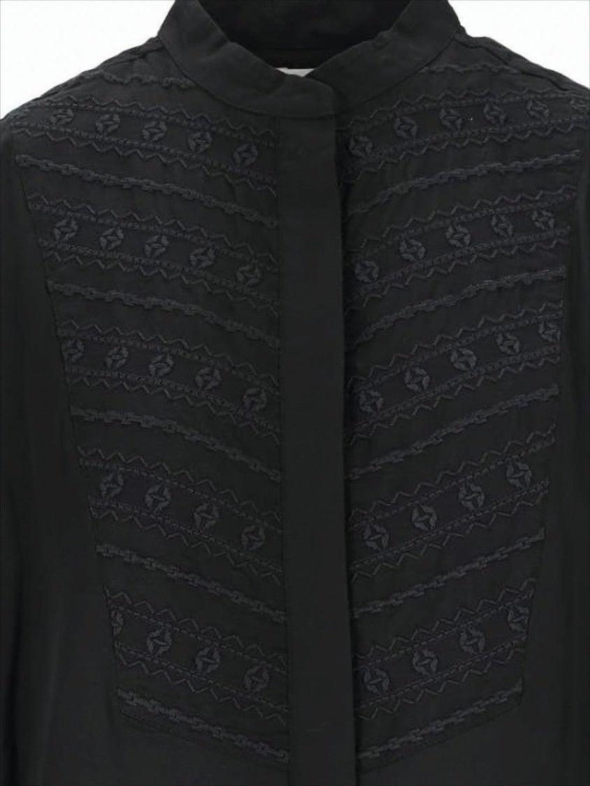 Mandarin-Collared Black Blouse with Tonal Embroidery