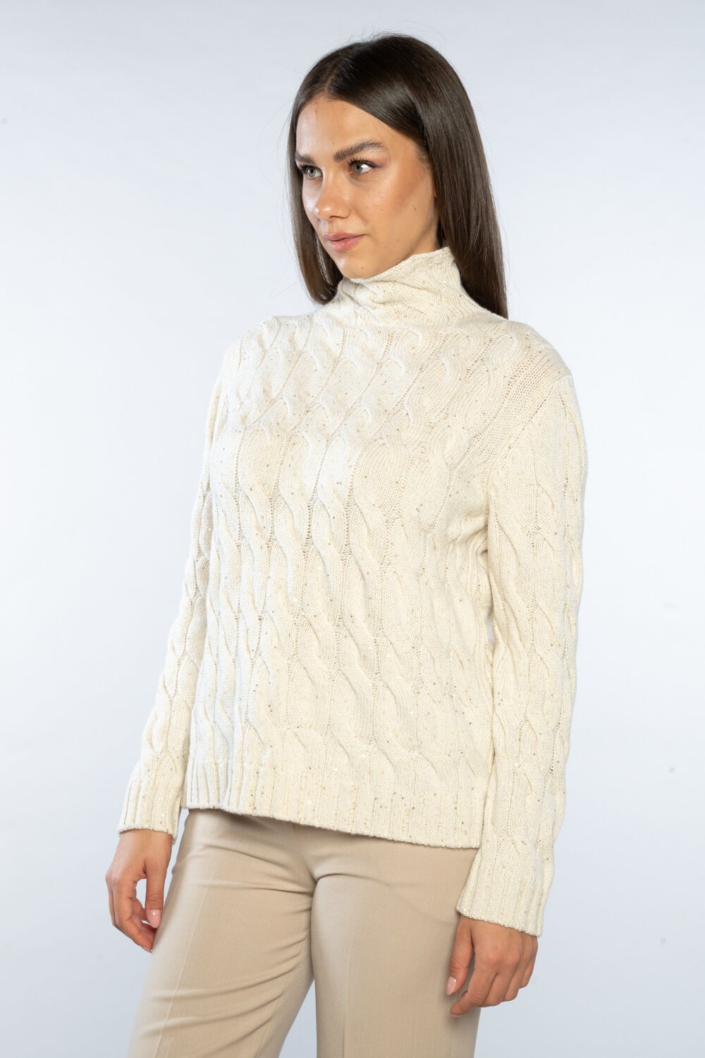 Ivory Cable-Knit Turtleneck Sweater With Braided Pattern
