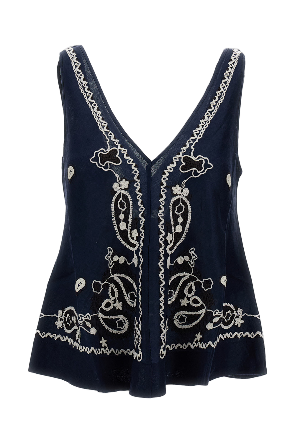 Intricately Embroidered Blue Linen Top with V-Neckline