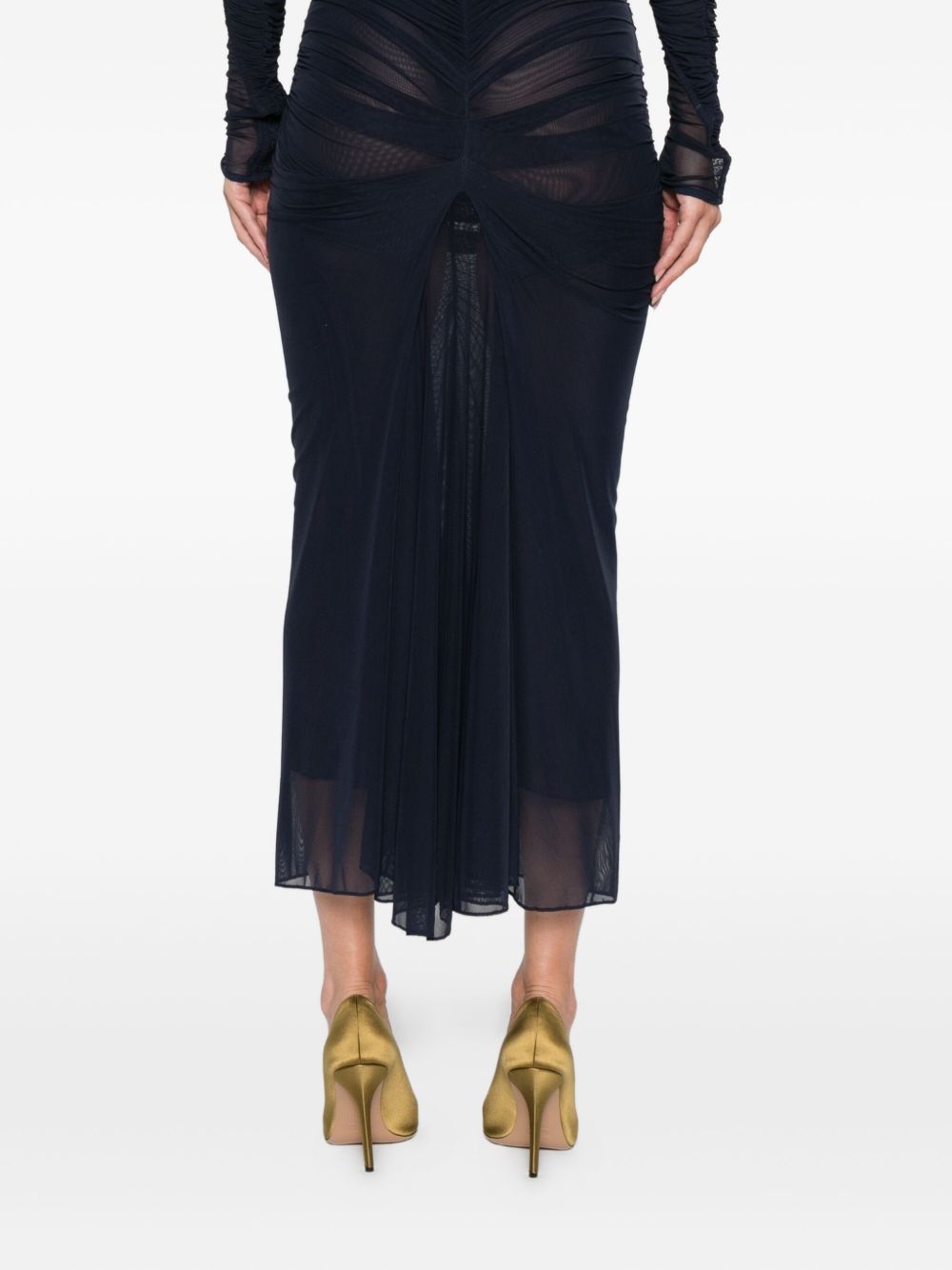 Ink Blue Ruched Mesh Midi Skirt