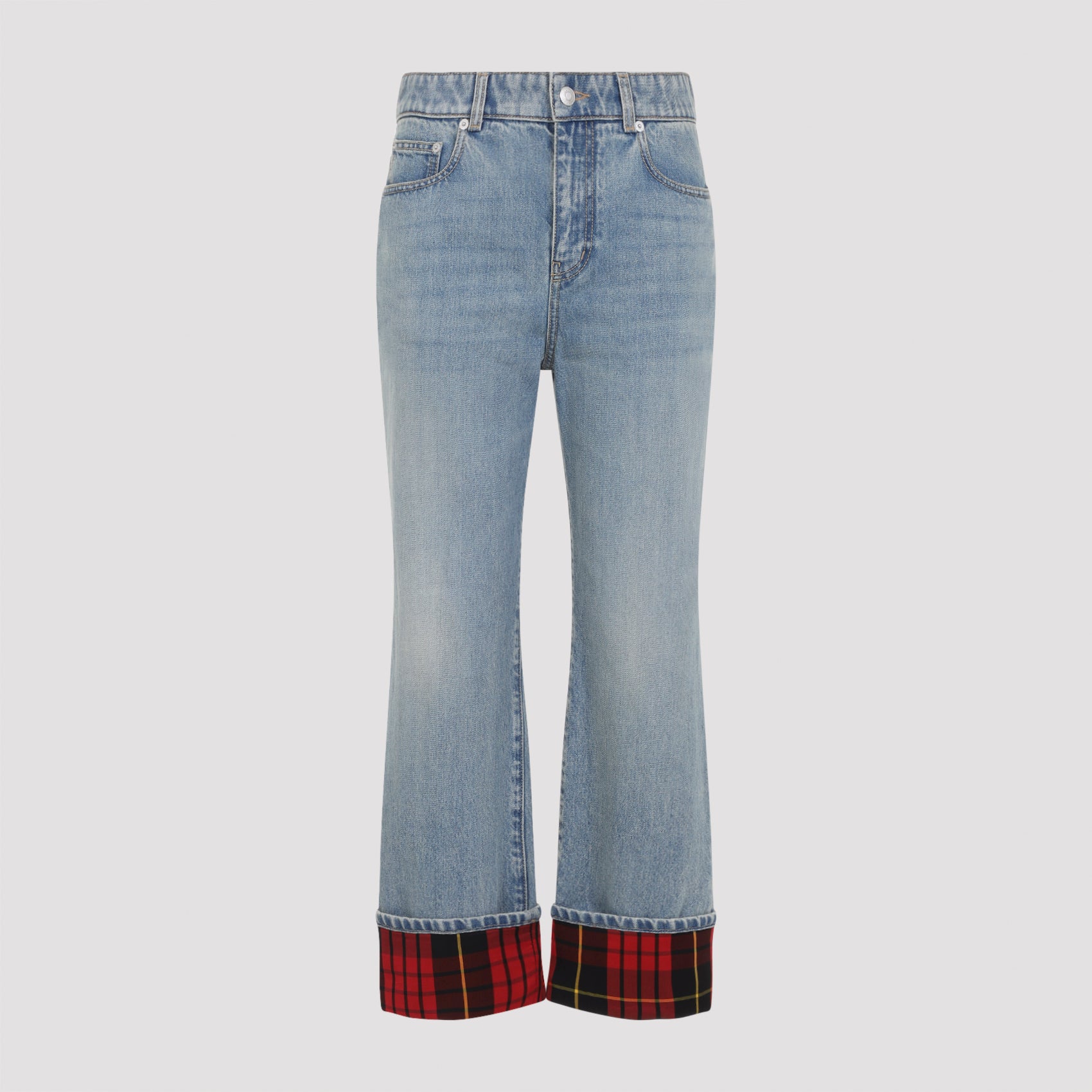 Light Blue Denim Jeans with Bold Tartan Cuffs