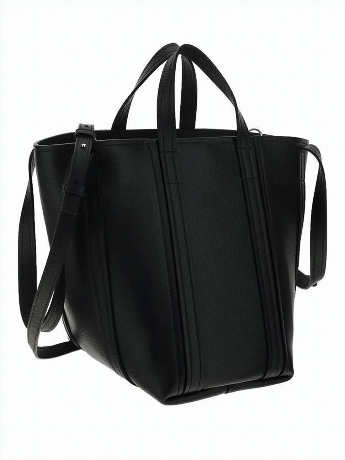 Trapezoidal Black Calf Leather Tote Bag With Dual Handles