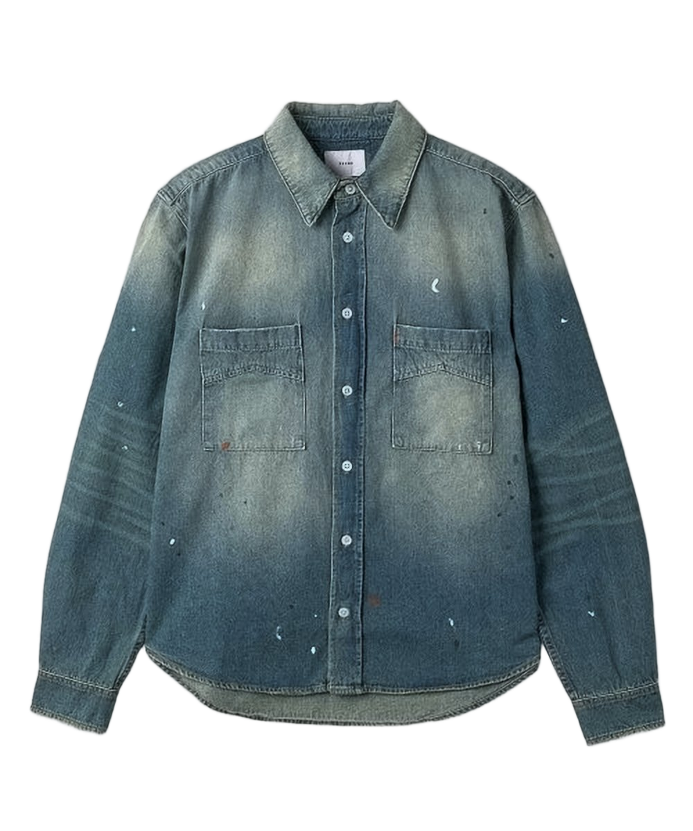 Faded Wash Denim Shirt With Vintage Distressing