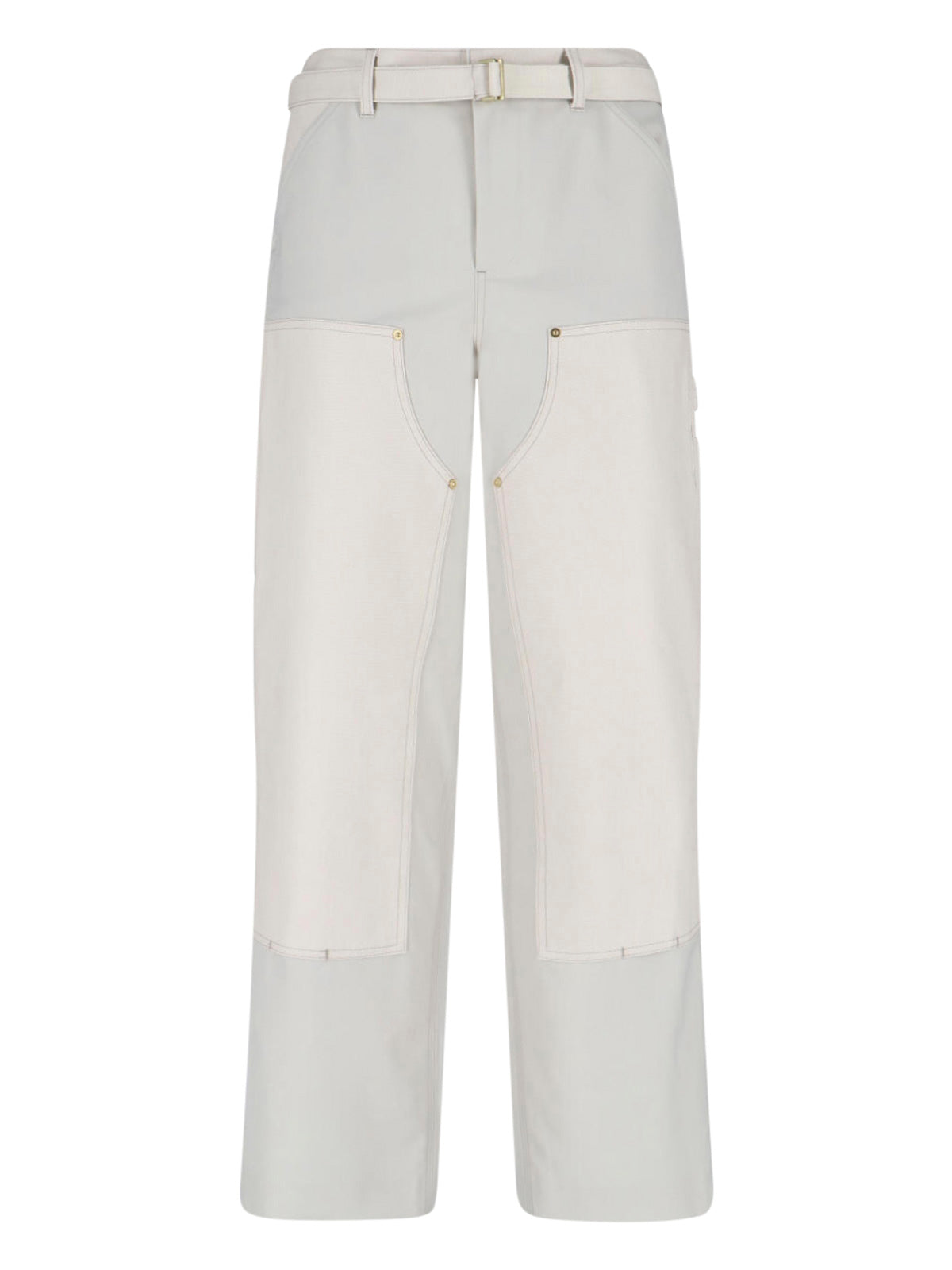 Double Knee White Pants With Mid-Rise Waist And Reinforced Patches