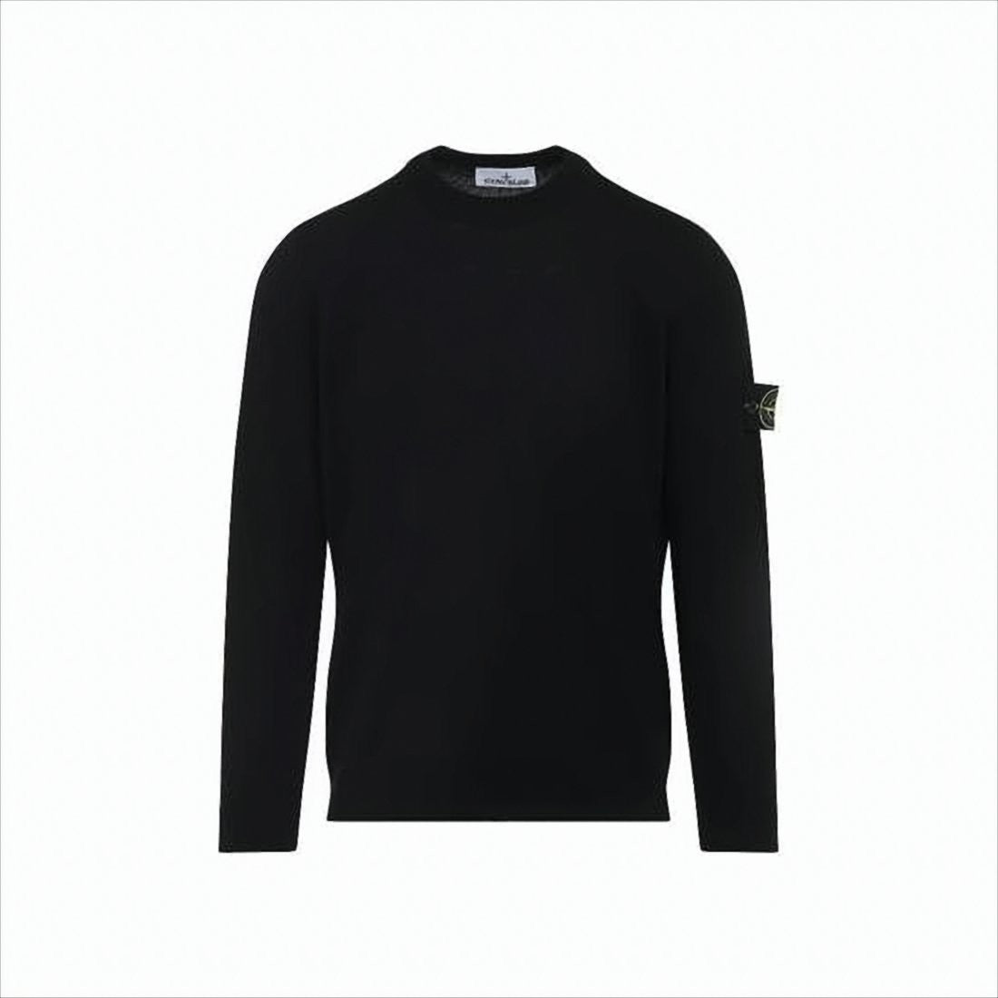 Classic Black Wool Crew Neck Sweater with Iconic Patch