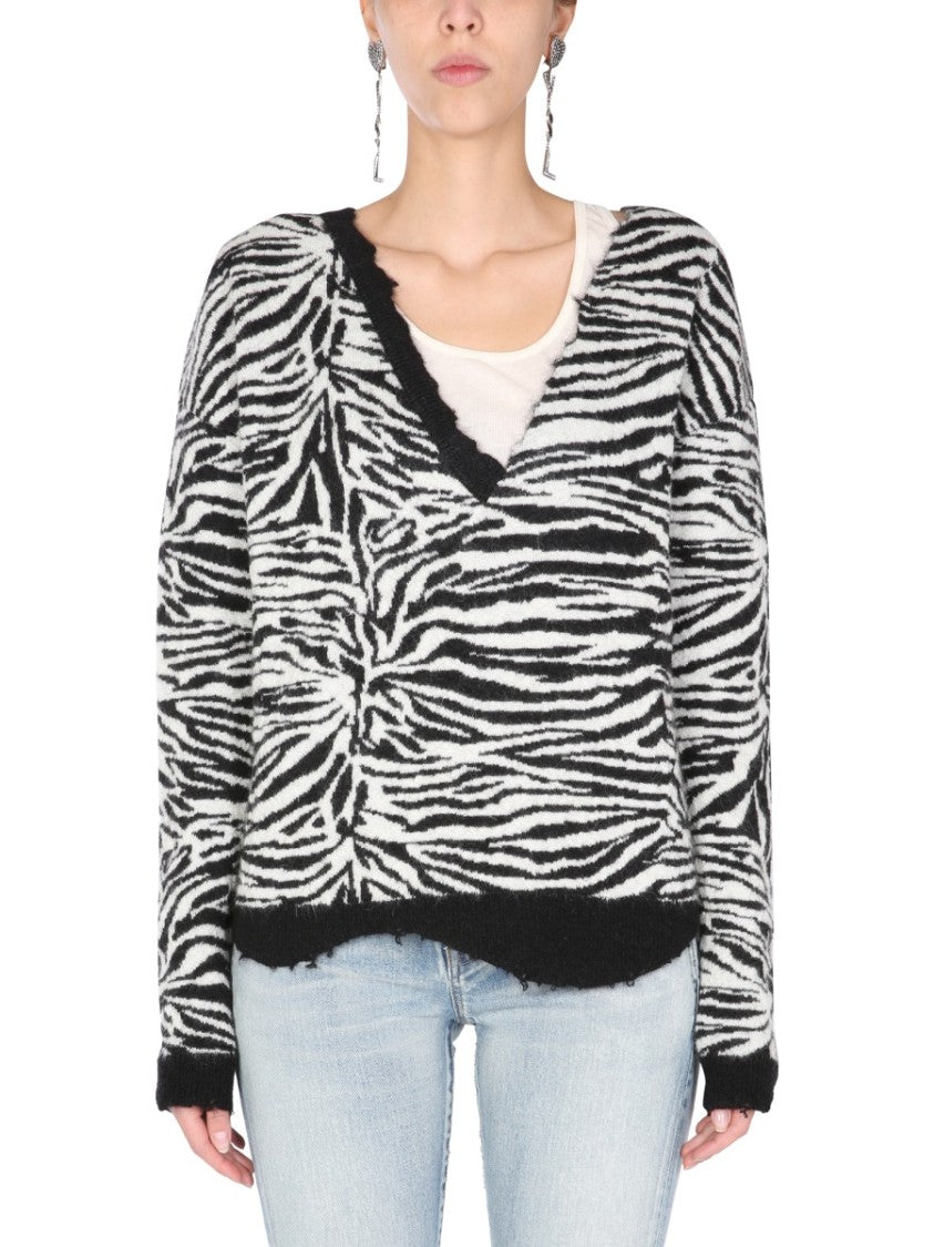 Zebra Stripe V-Neck Sweater
