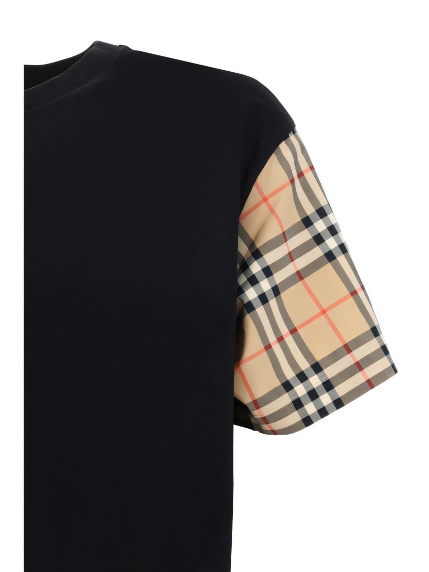 Short-Sleeved T-Shirt with Plaid Patterned Sleeves