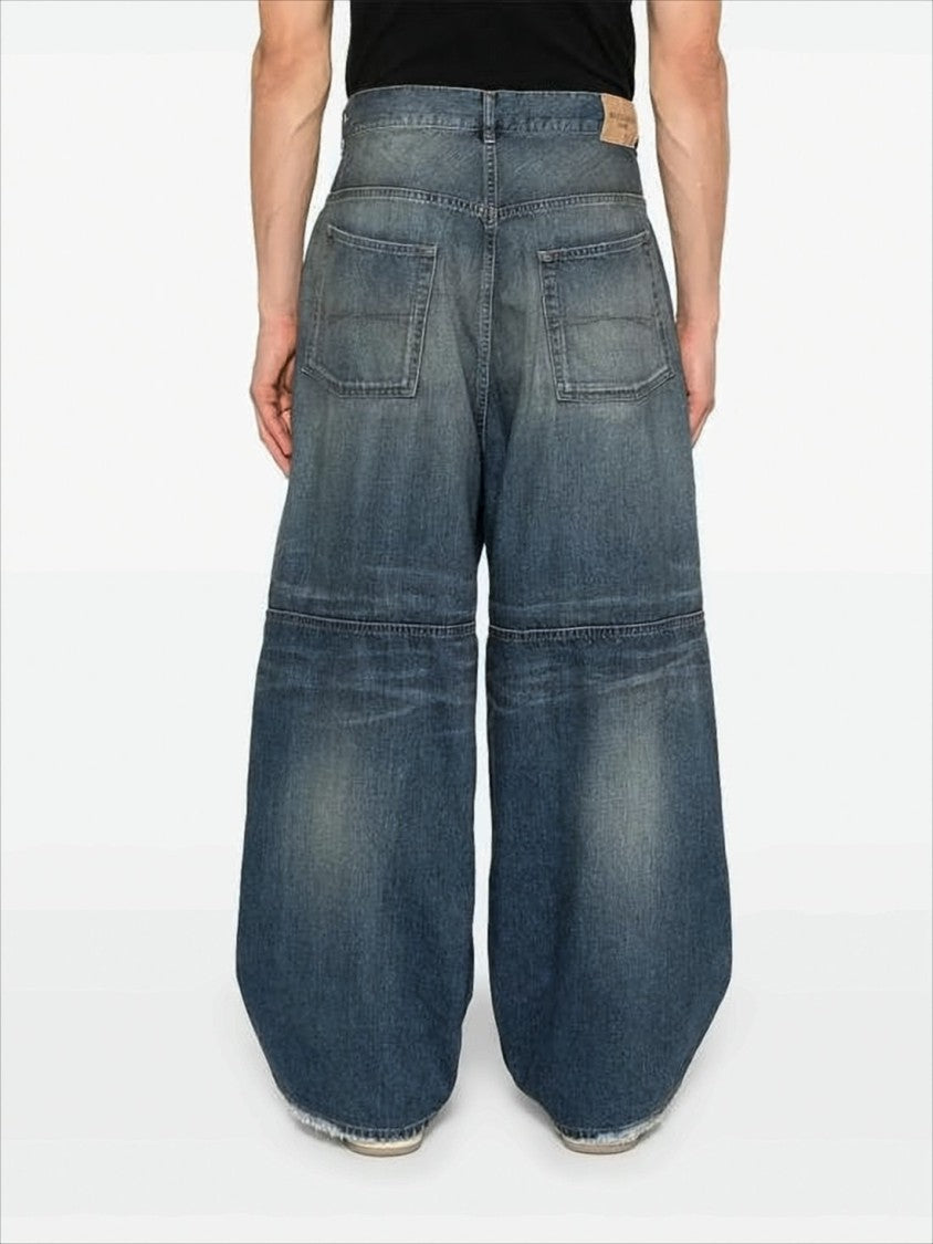 Wide-Leg Distressed Denim Pants With Horizontal Seam Detailing