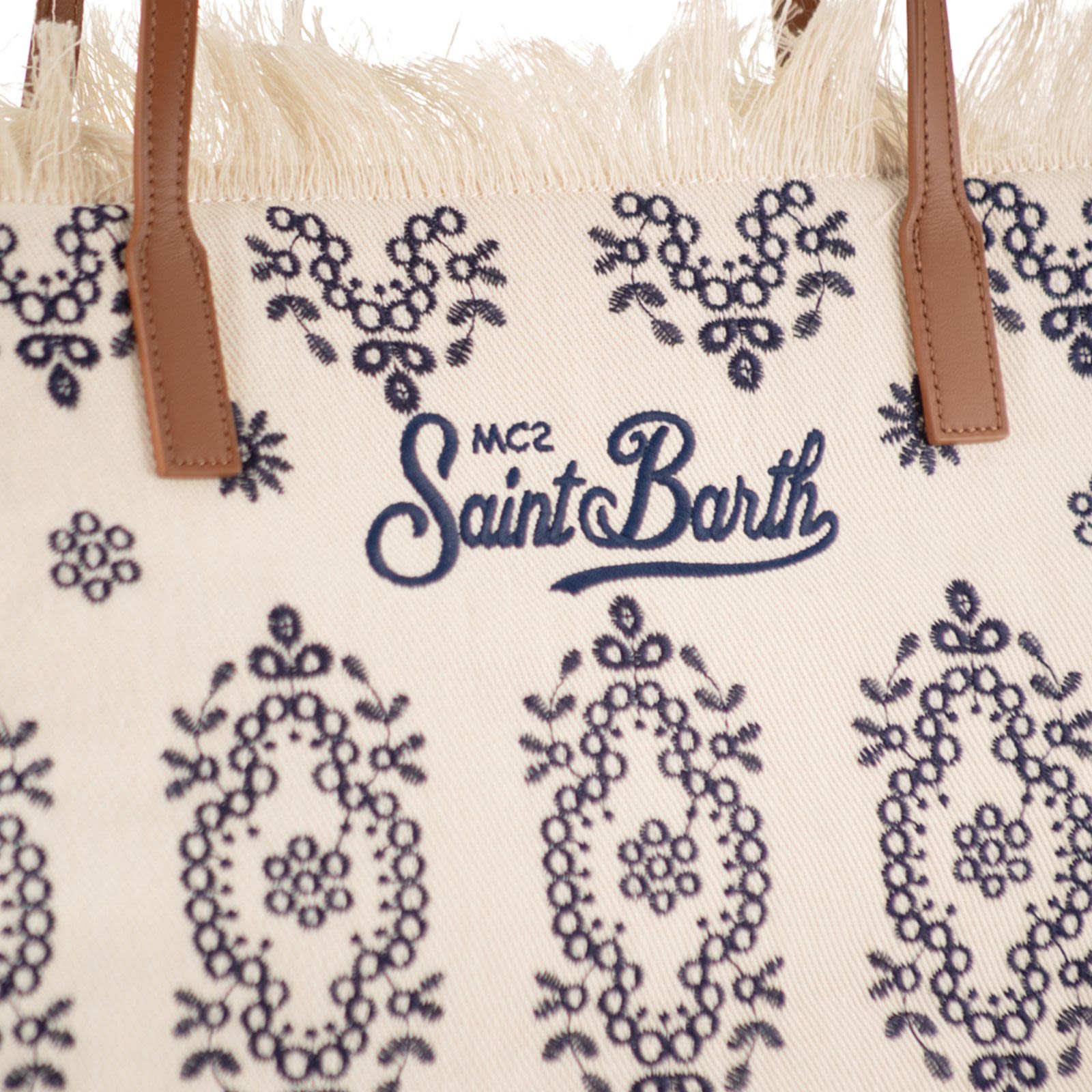 Spacious Cream Tote Bag with Navy Embroidery