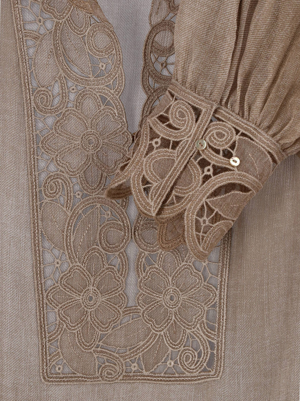 Beige Deep V-Neck Floral Lace Blouse