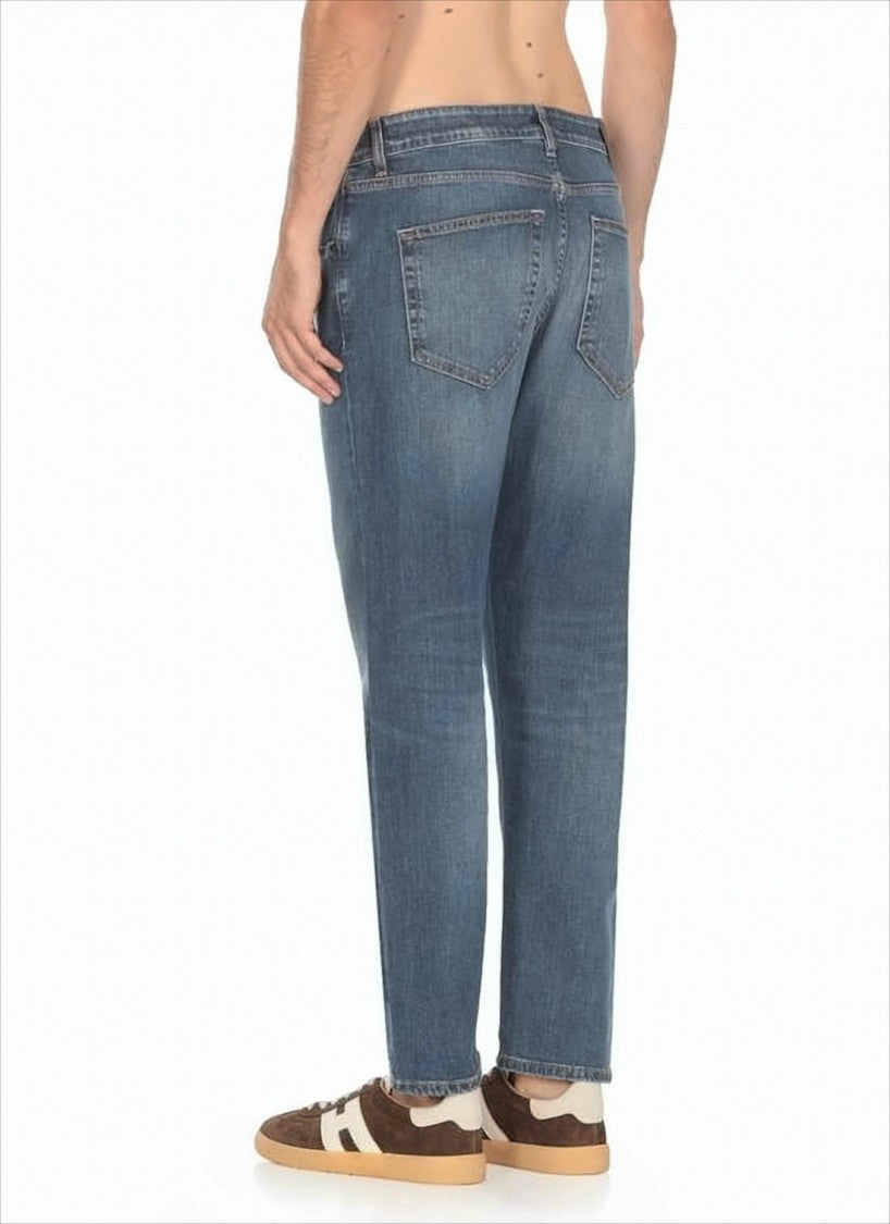 Medium Blue Wash Denim Pants With Classic Five-Pocket Styling