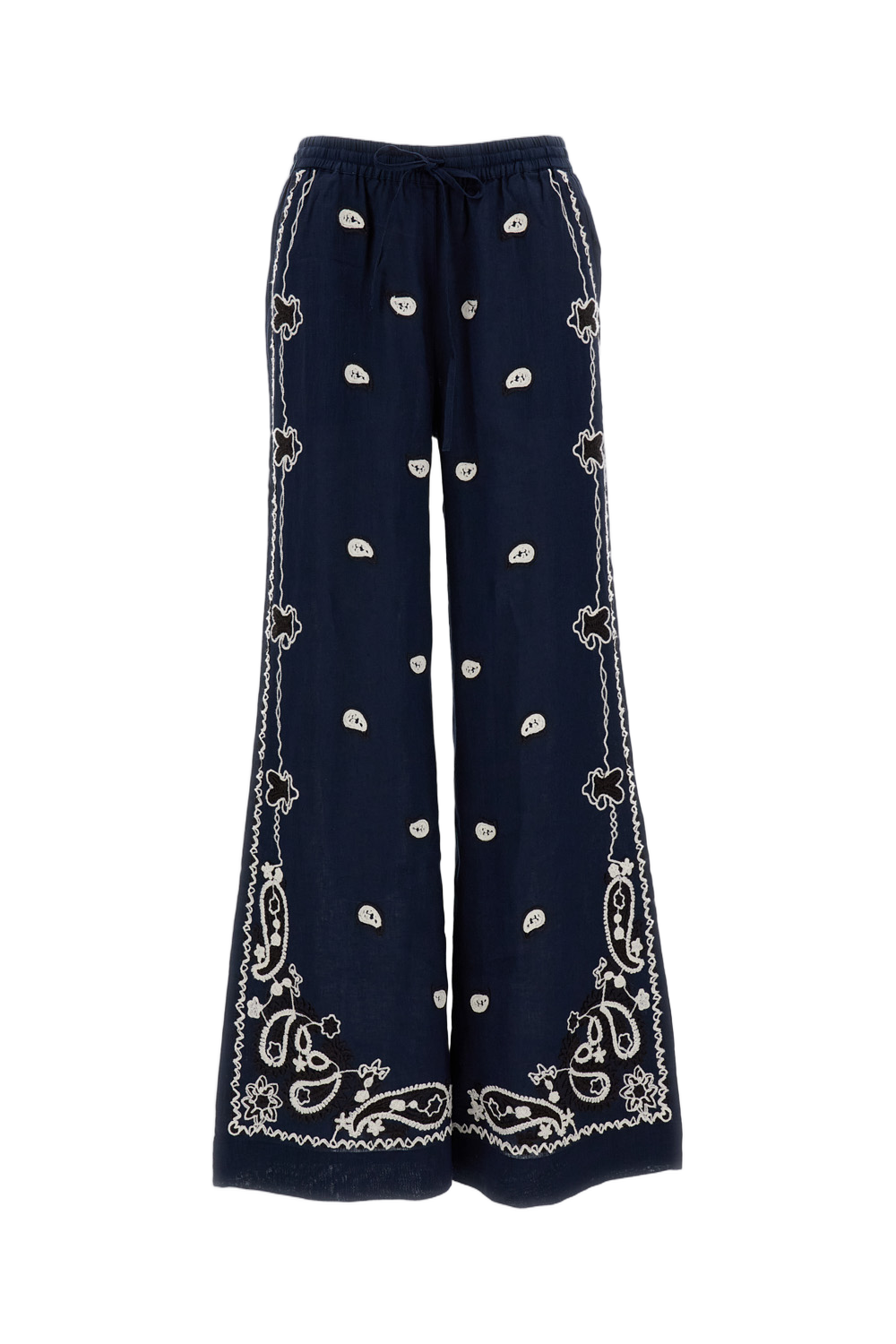 Embroidered Wide-Leg Linen Trousers with Adjustable Waistband
