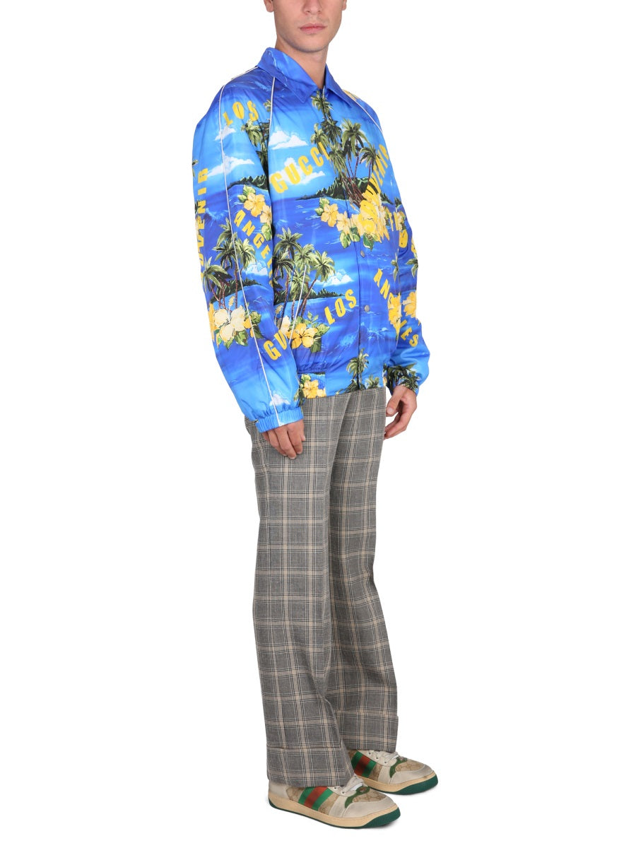 Nylon Jacket With Tropical Print And Yellow Accents