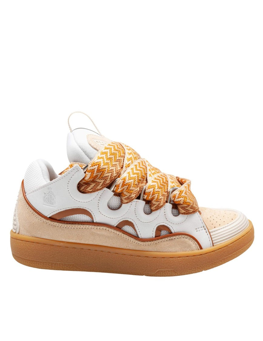 White/Honey Curb Leather And Fabric Sneakers