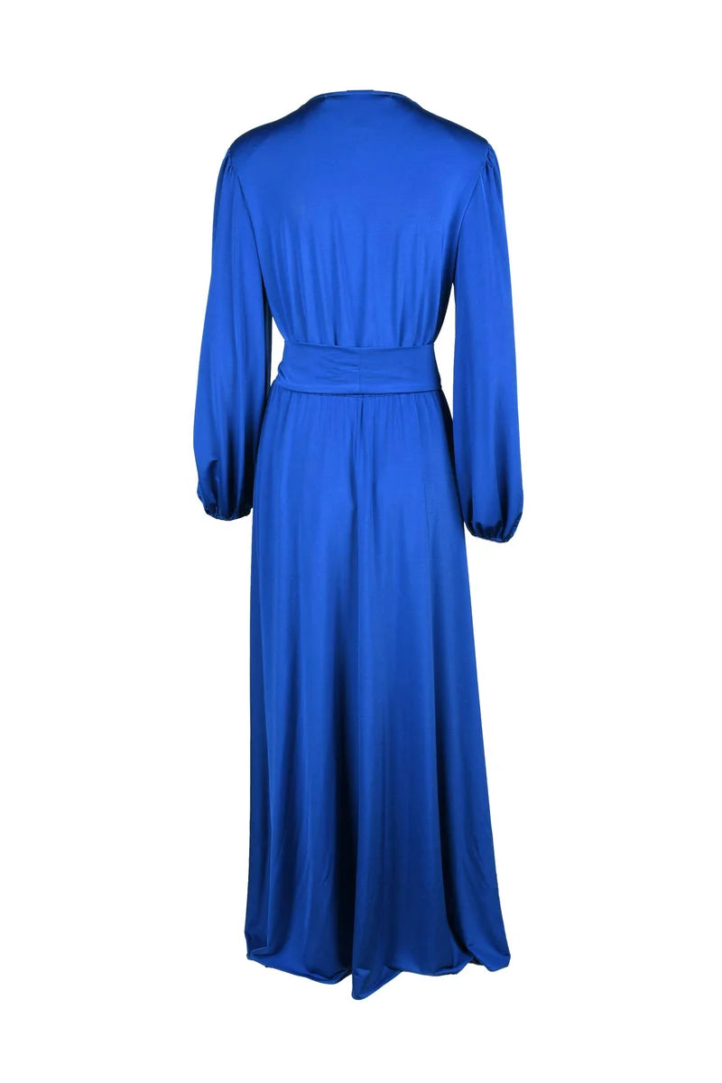 Midi-Length Wrap Dress with Puffed Sleeves