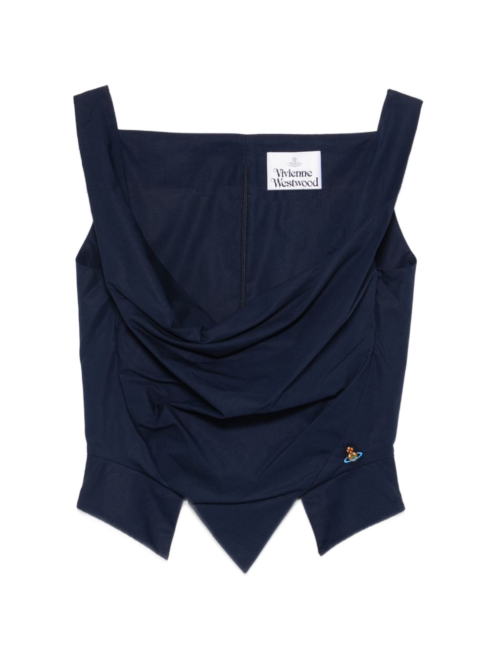 Sleeveless Blue Top With Draped Cowl Neckline And Pointed Hem