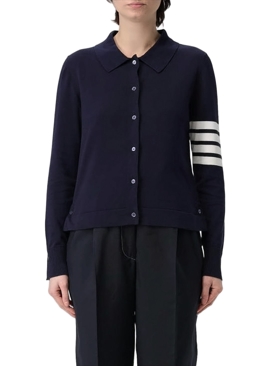 Cropped Navy Cardigan with Pointed Collar