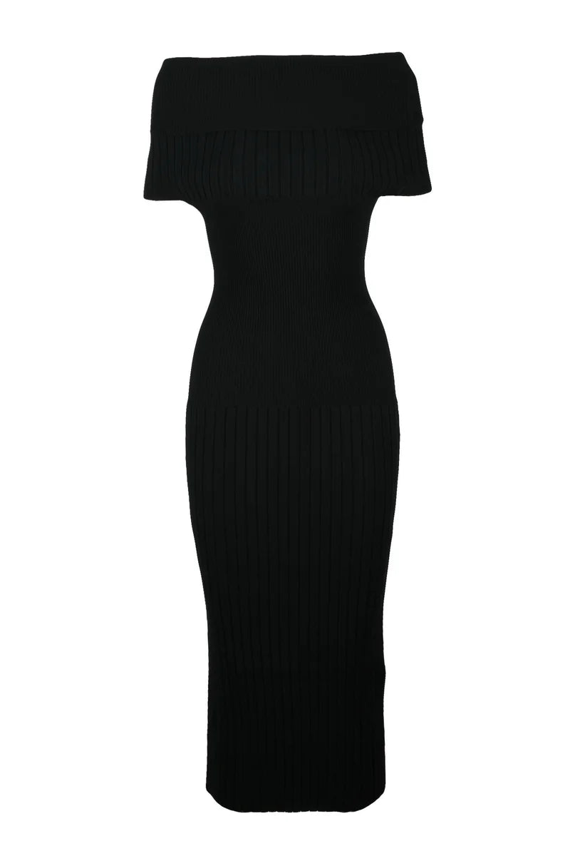 Long Fitted Knit Dress - Black