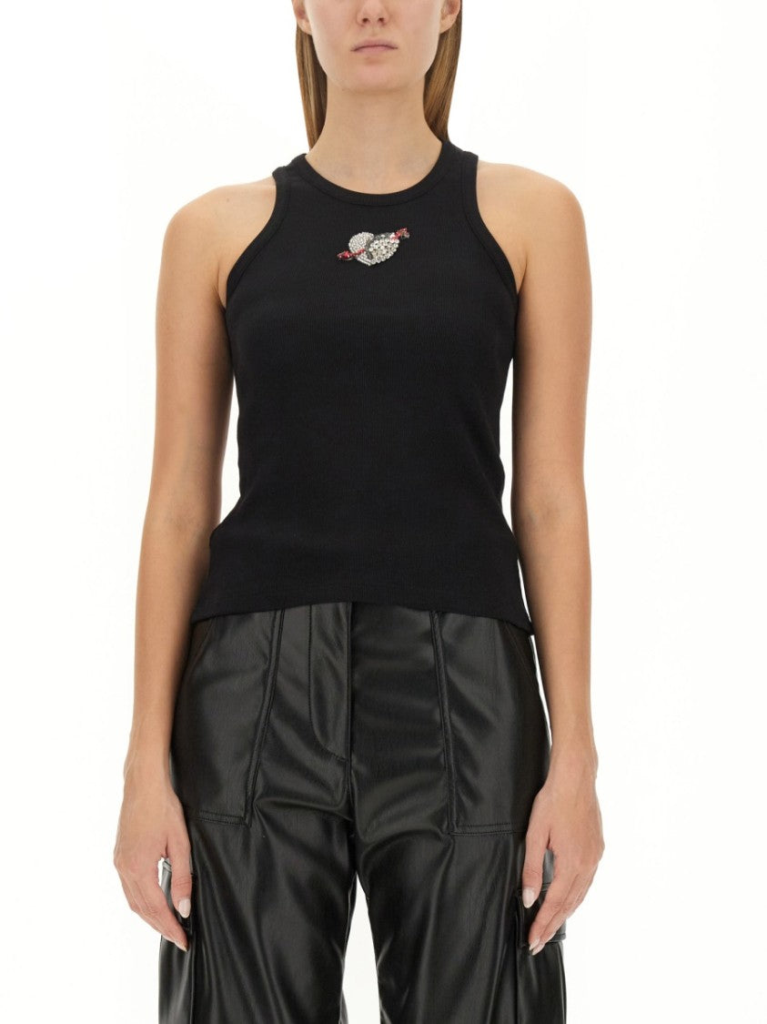 Fitted Sleeveless Ribbed Cotton Top With Embroidered Detail