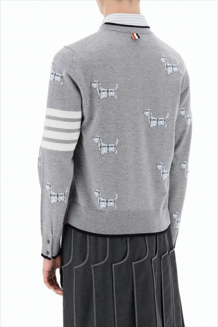Grey Wool Sweater with Dog Motif and Signature Stripes