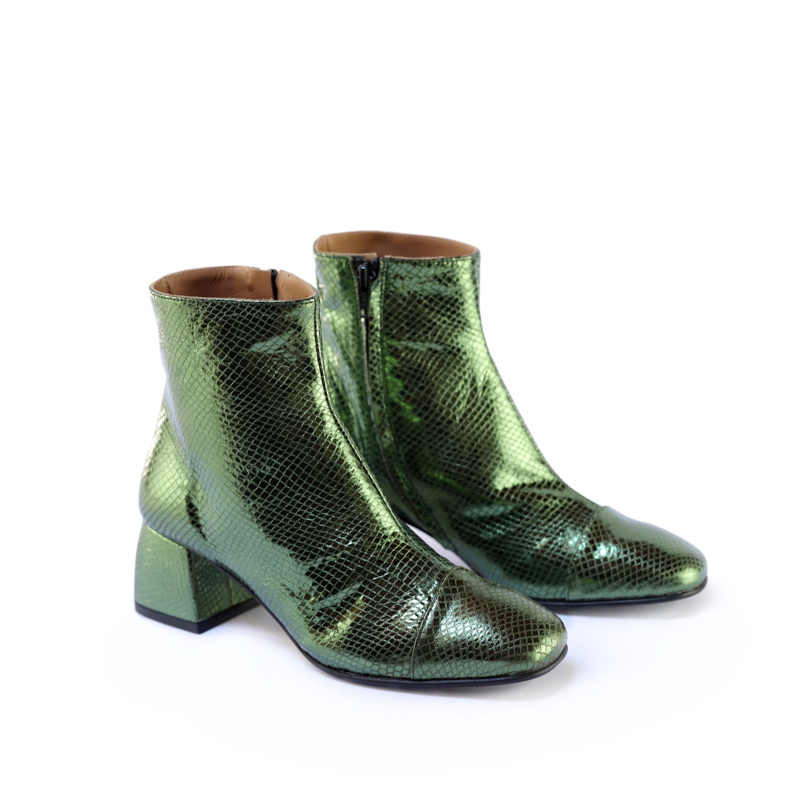 Snake-Effect Military Green Ankle Boots with Square Toe