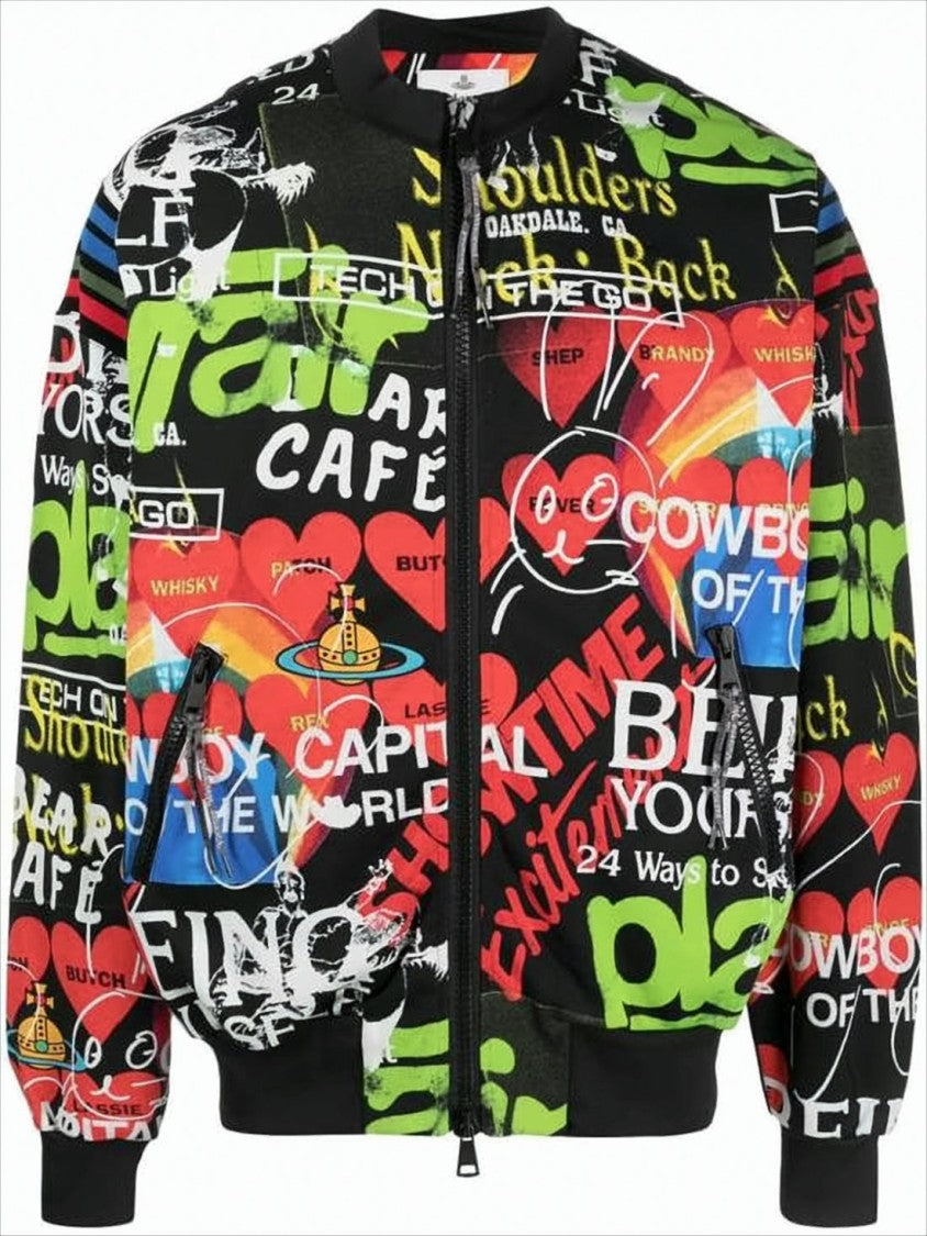 Graffiti-Print Bomber Jacket with Zippered Pockets