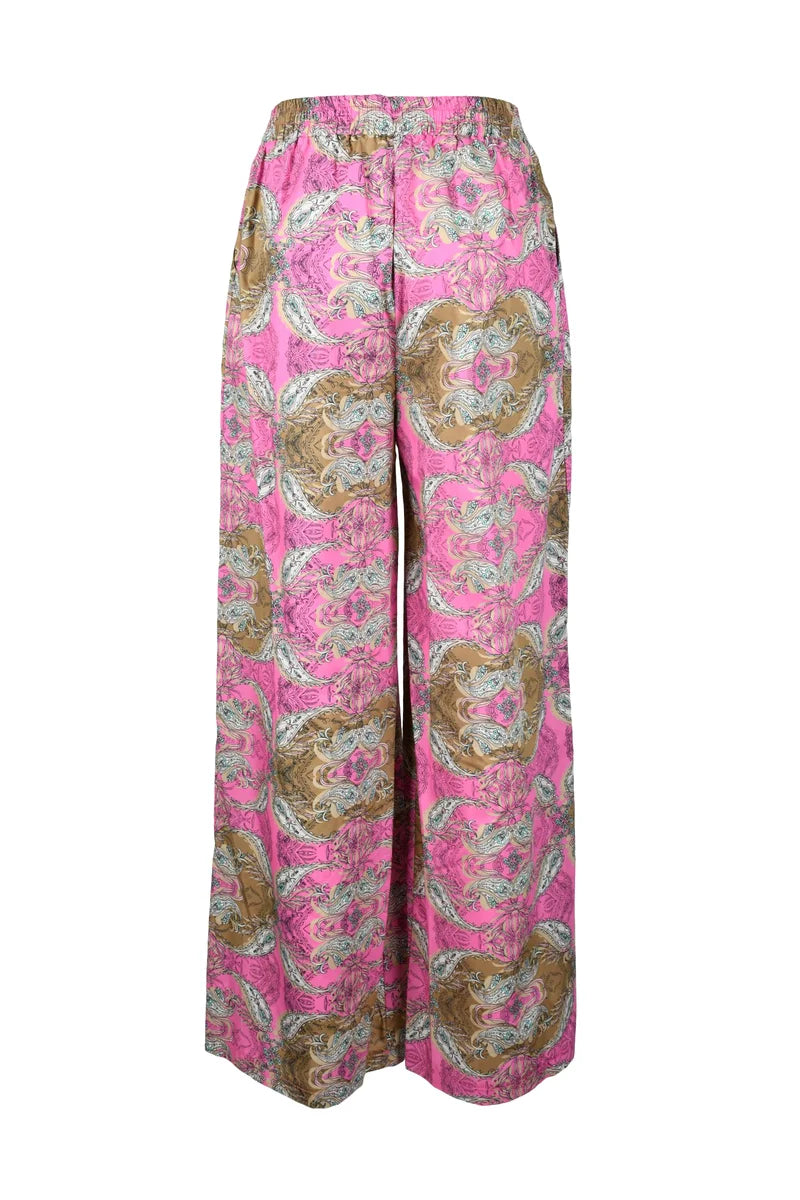 Fuchsia Wide-Leg Trousers with Artistic Pattern