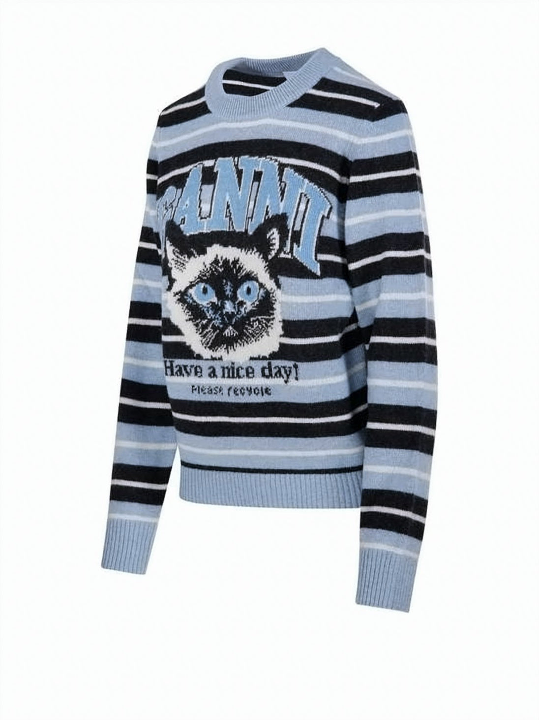 Horizontal Stripe Knit Sweater with Cat Graphic