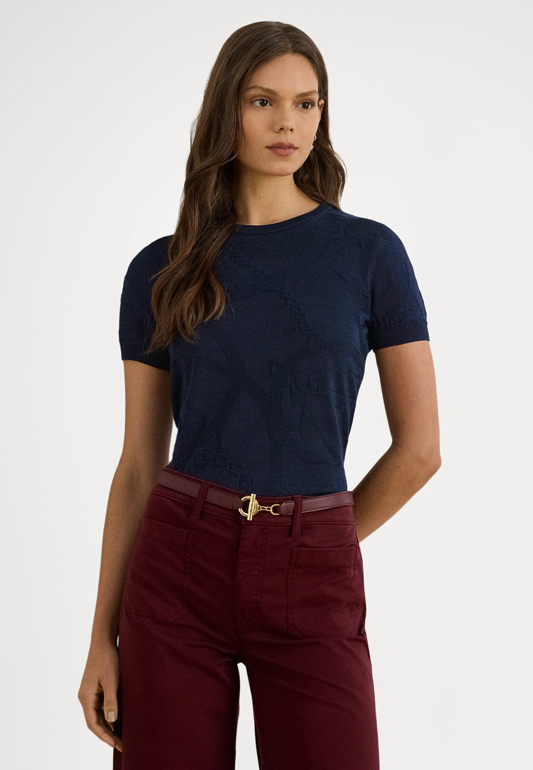 Navy Blue Eyelah Rayon Pullover Knit Top