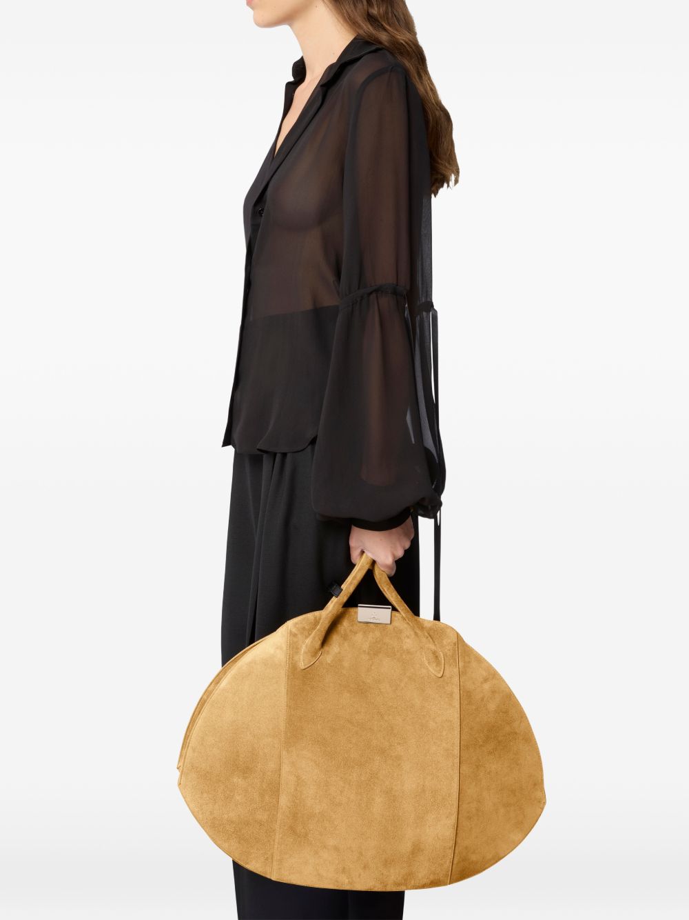 Elongated Oval Brown Silk and Nylon Handbag