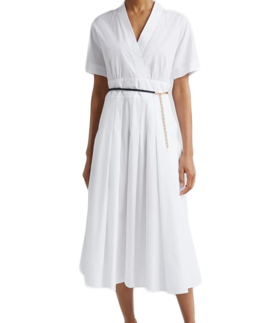 V-Neck White Midi Dress with Fitted Waist