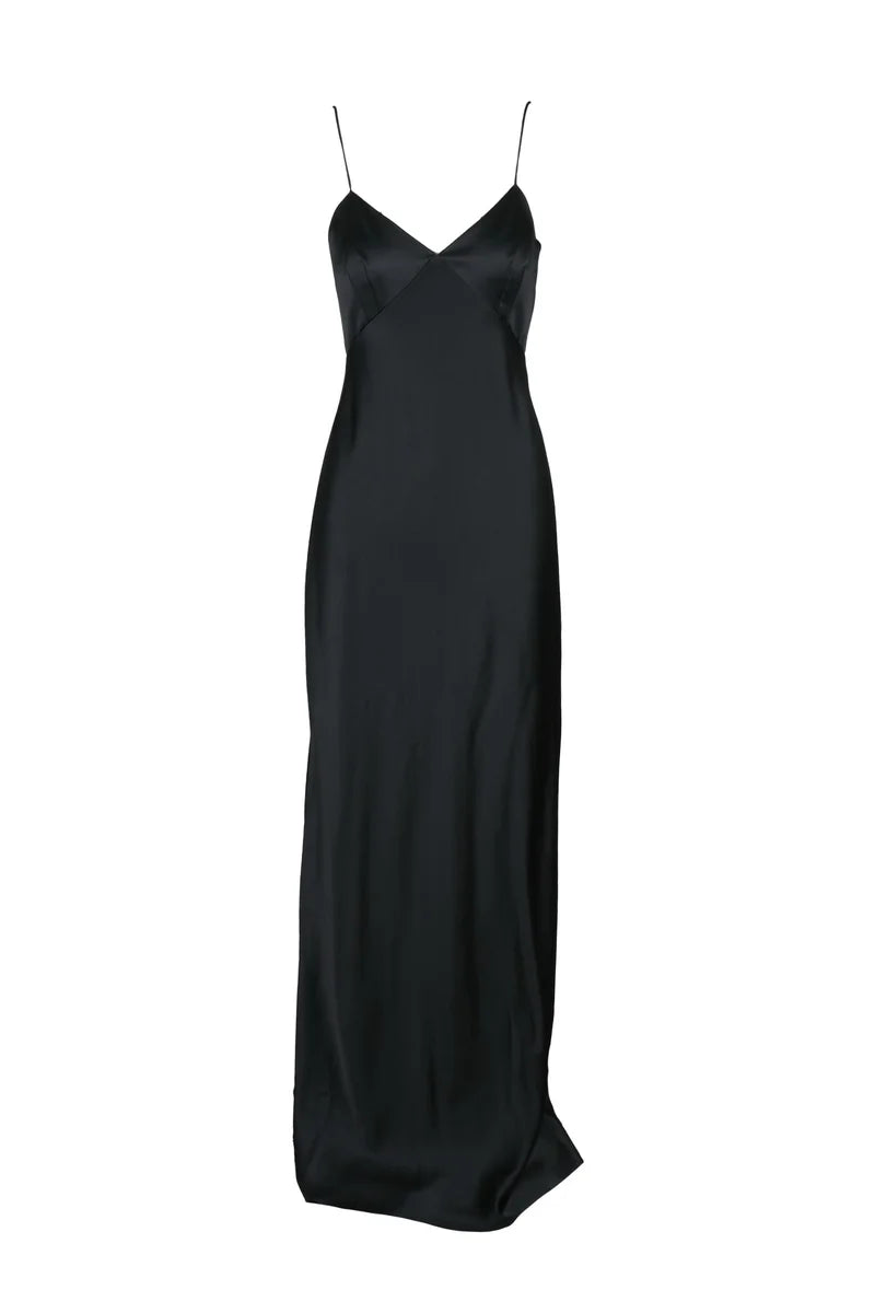 Long Silk Satin Dress - Black