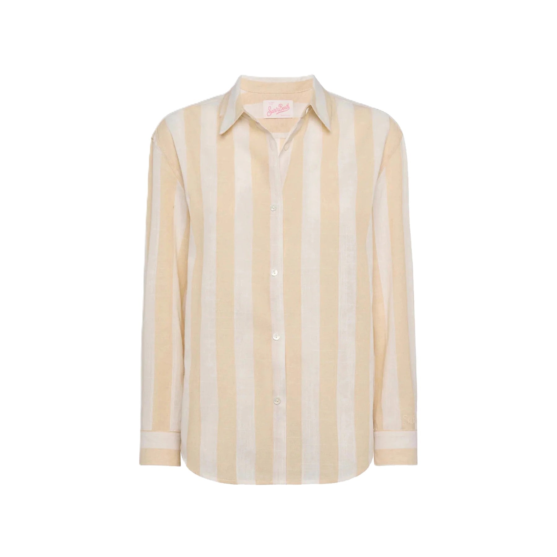 Beige and Off-White Striped Long-Sleeved Button-Up Shirt