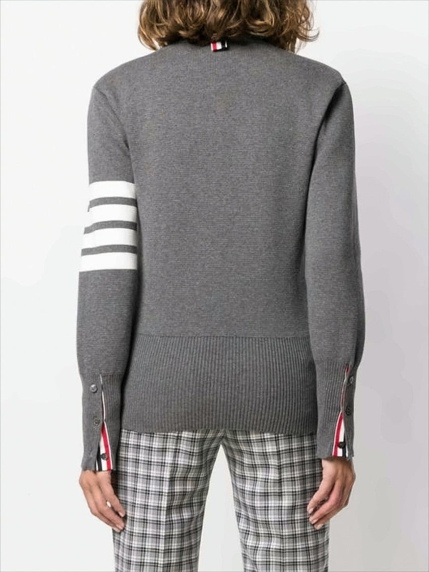 Classic V-Neck Grey Knitwear Cardigan with Striped Accents