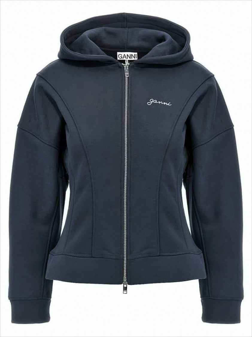 Fitted Blue Organic Cotton Hoodie With Structured Seam Detailing