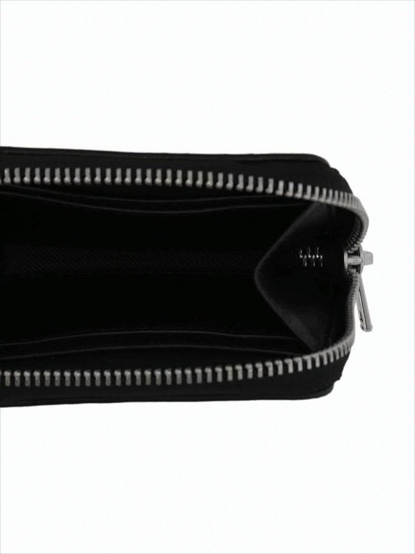 Black Cowhide Compact Wallet with Zip-Around Closure