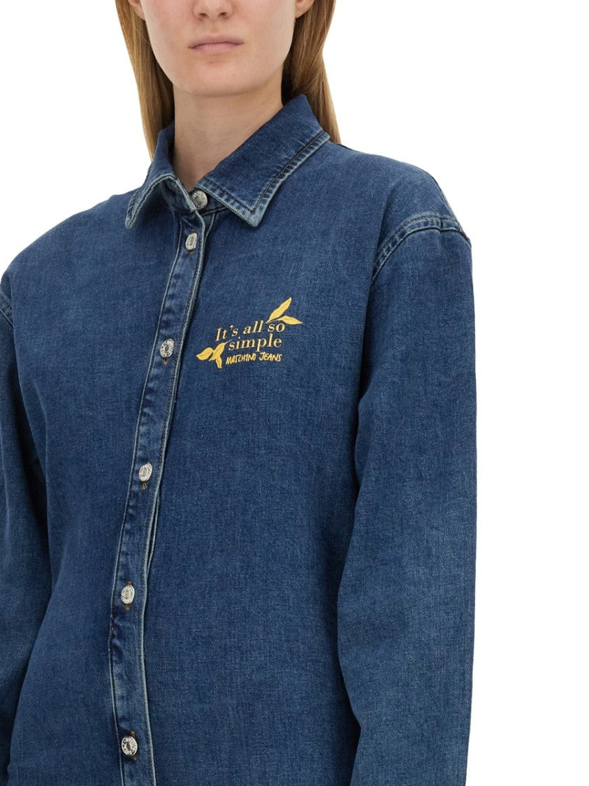 Classic Button-Down Denim Dress With Embroidered Detail