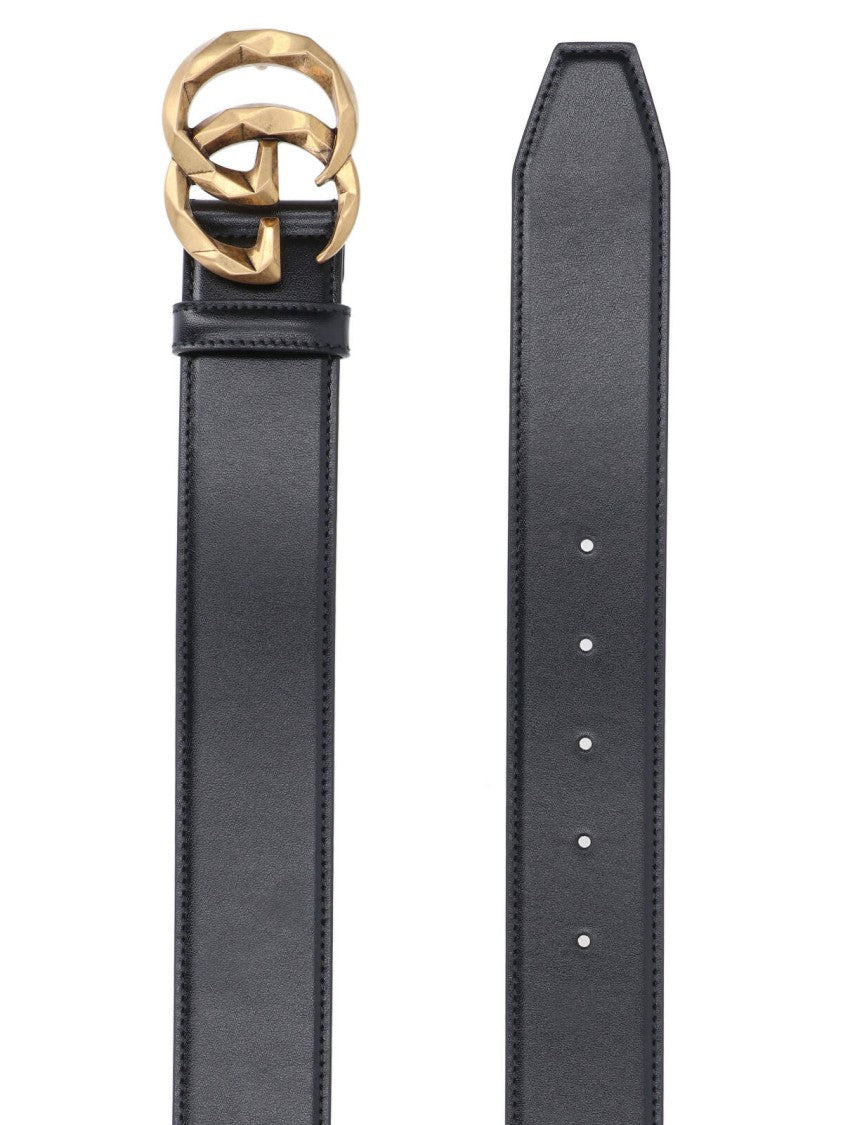 Wide Black Leather Belt With Gold Double G Buckle