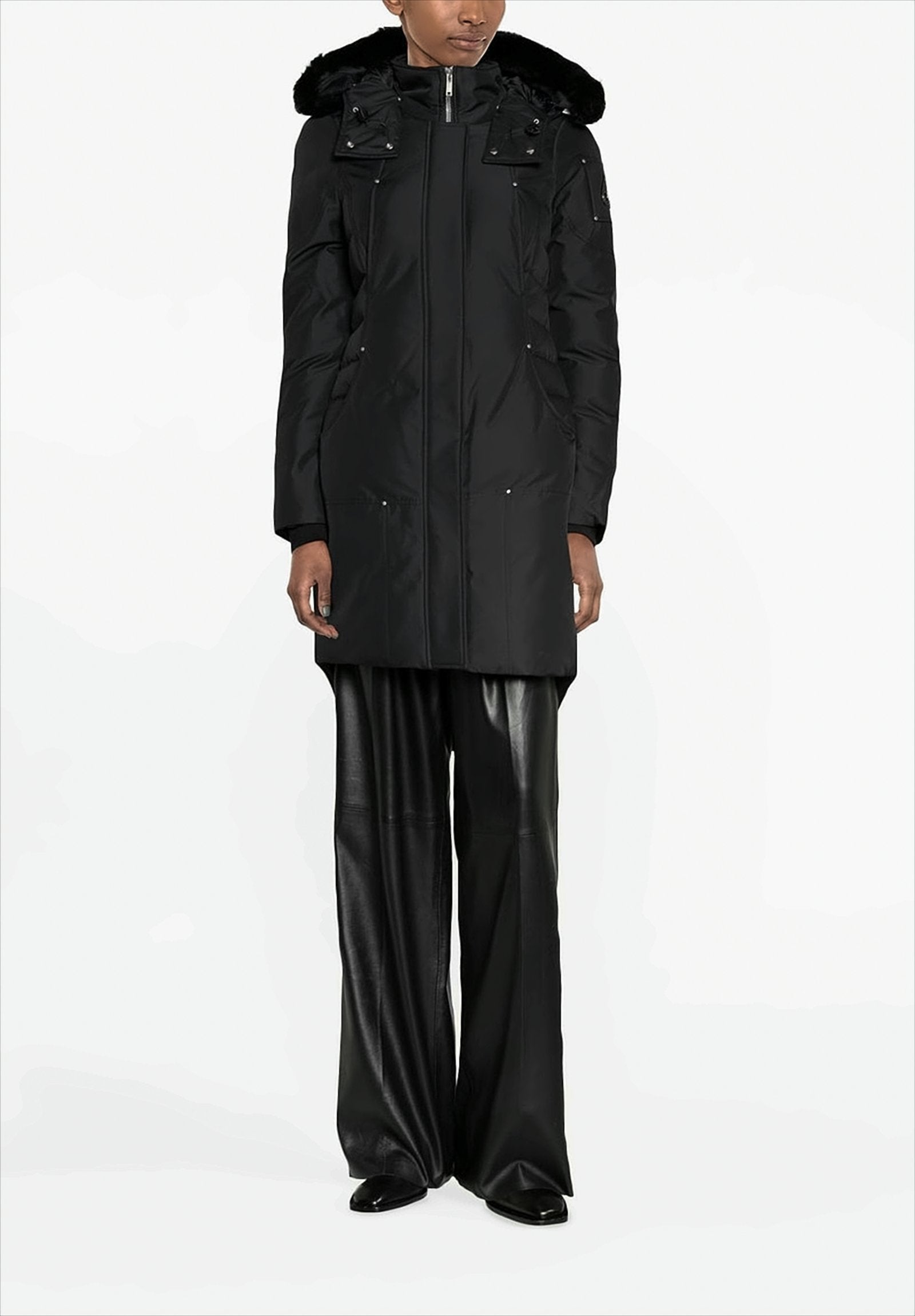 Longline Black Padded Parka with Fur-Trimmed Hood