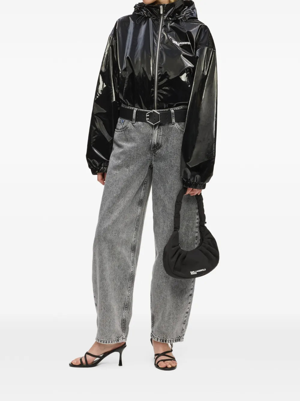 Glossy Black Cropped Jacket with High Collar