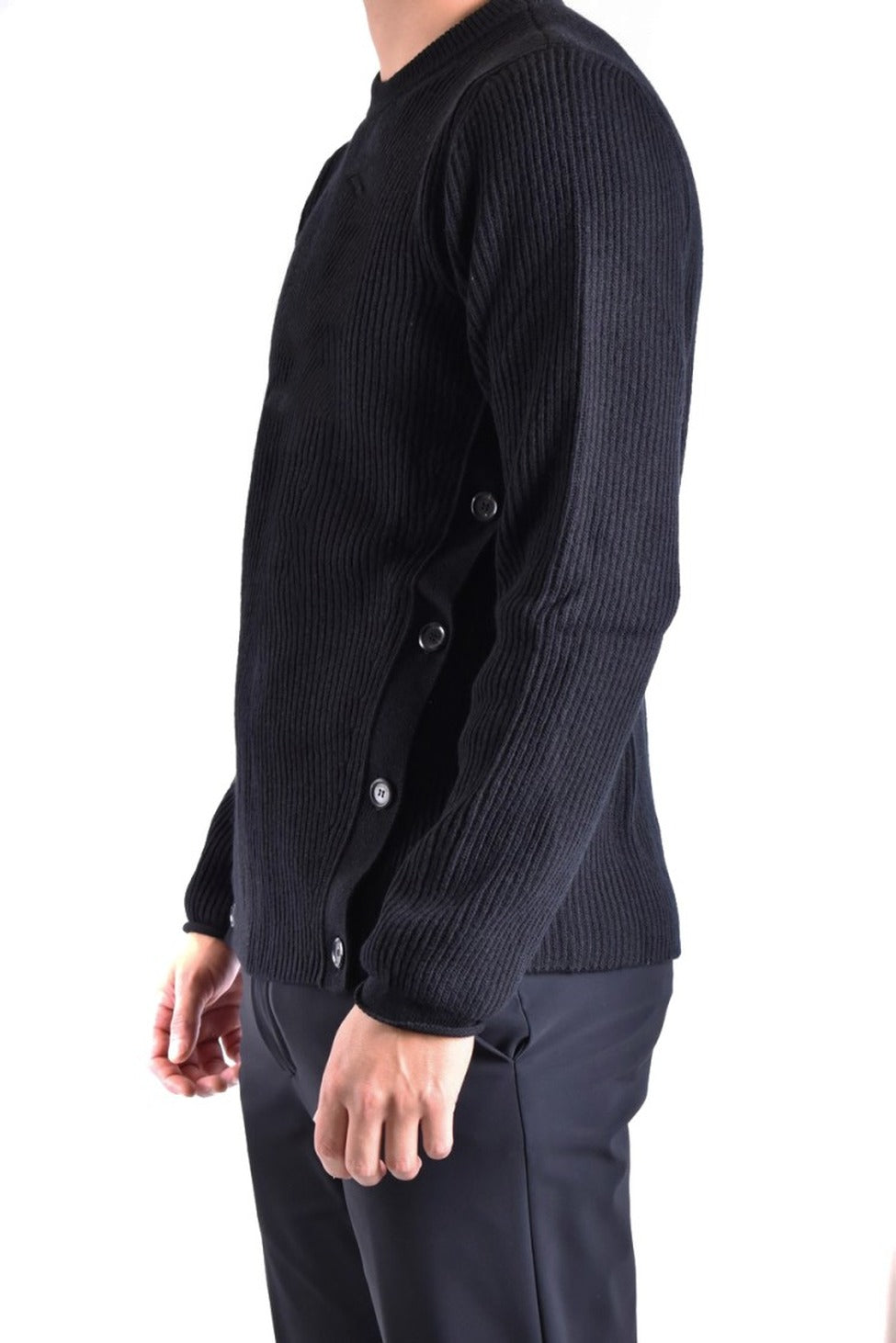 Ribbed Black Wool Knitwear With Decorative Button Accents