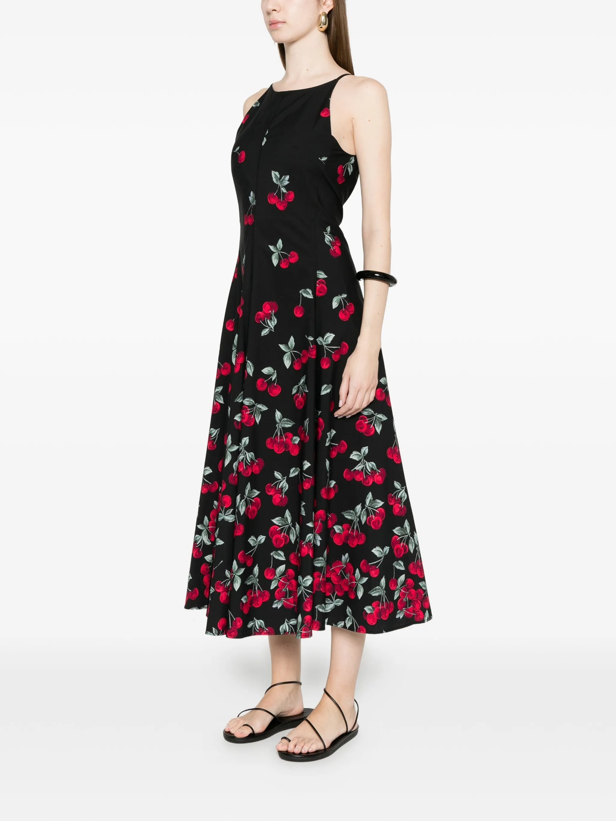 Black Fitted Midi Cherry Print Dress