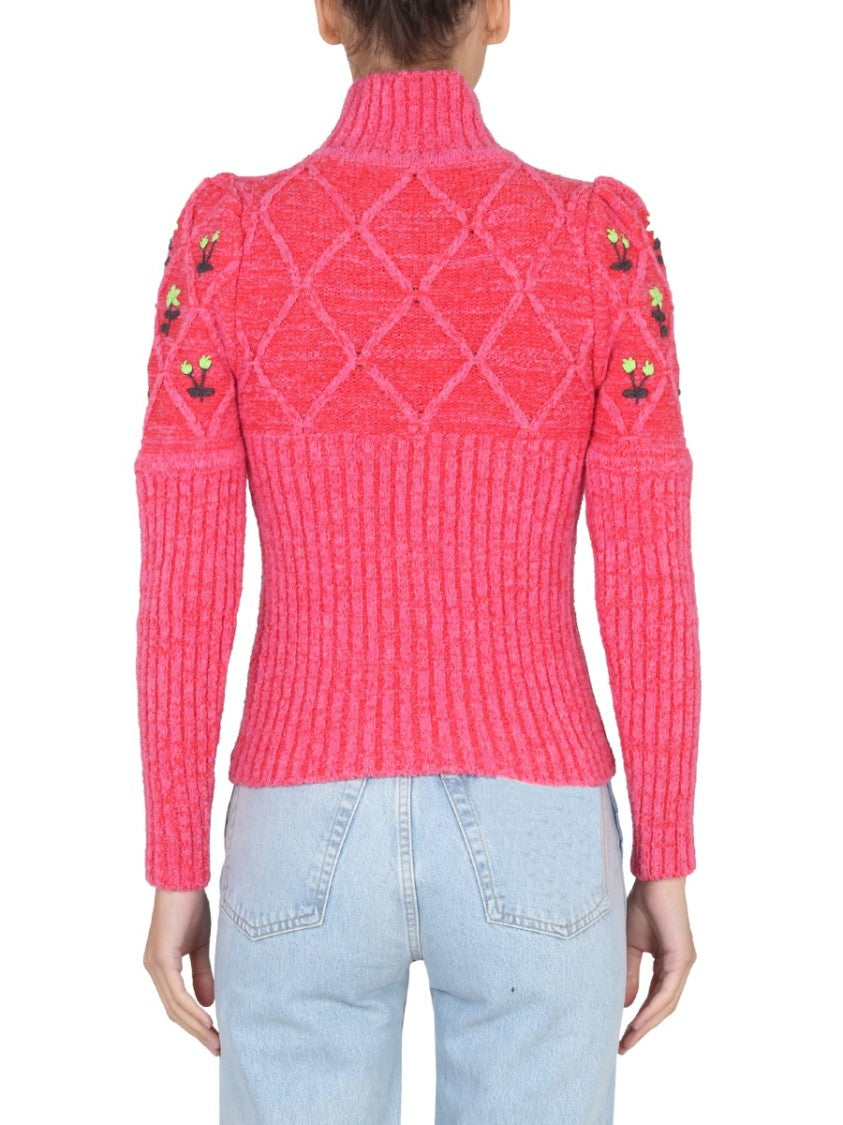 Ribbed Knit Jersey With Floral Embroidery