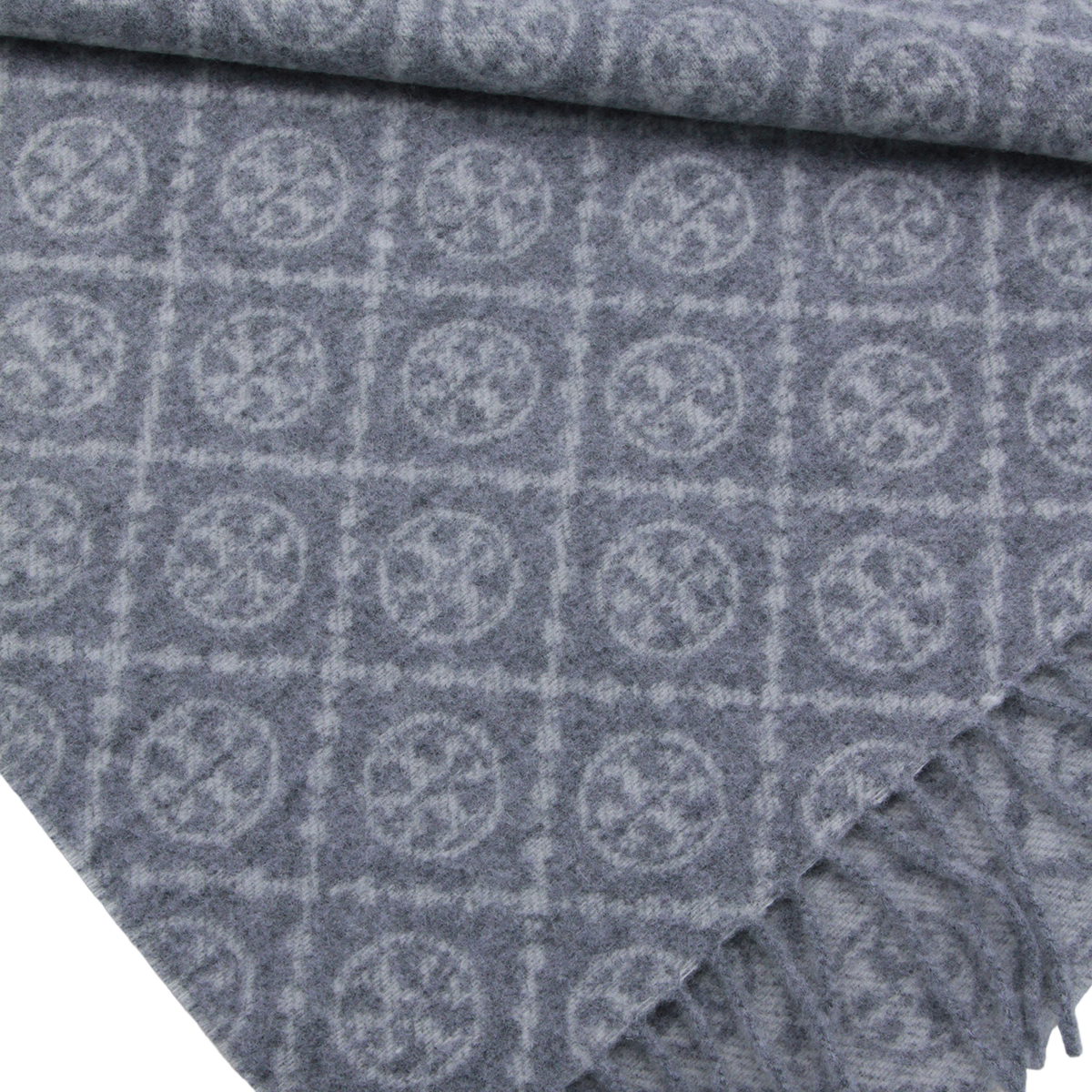 Geometric Patterned Grey Scarf With Fringed Edges
